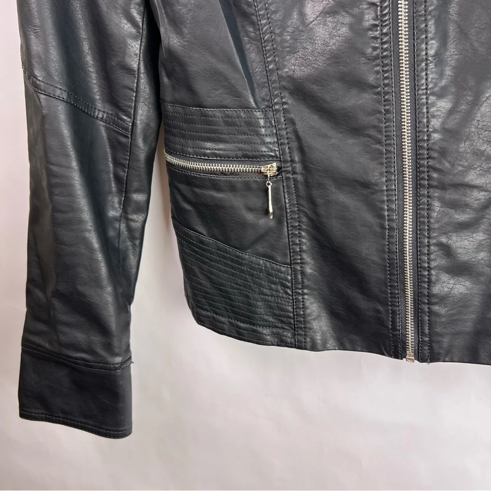 LA Coalition Black Moto Jacket, Faux Leather, Quilted, Zippered Pockets, Medium - Picture 6 of 12